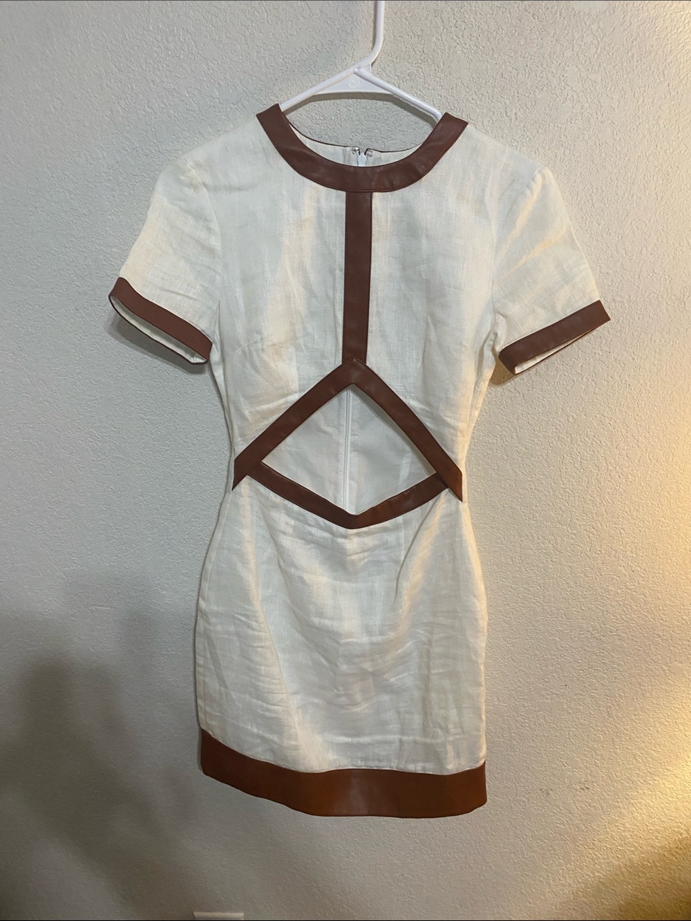 STAUD Cream Mini Dress with Brown Trim